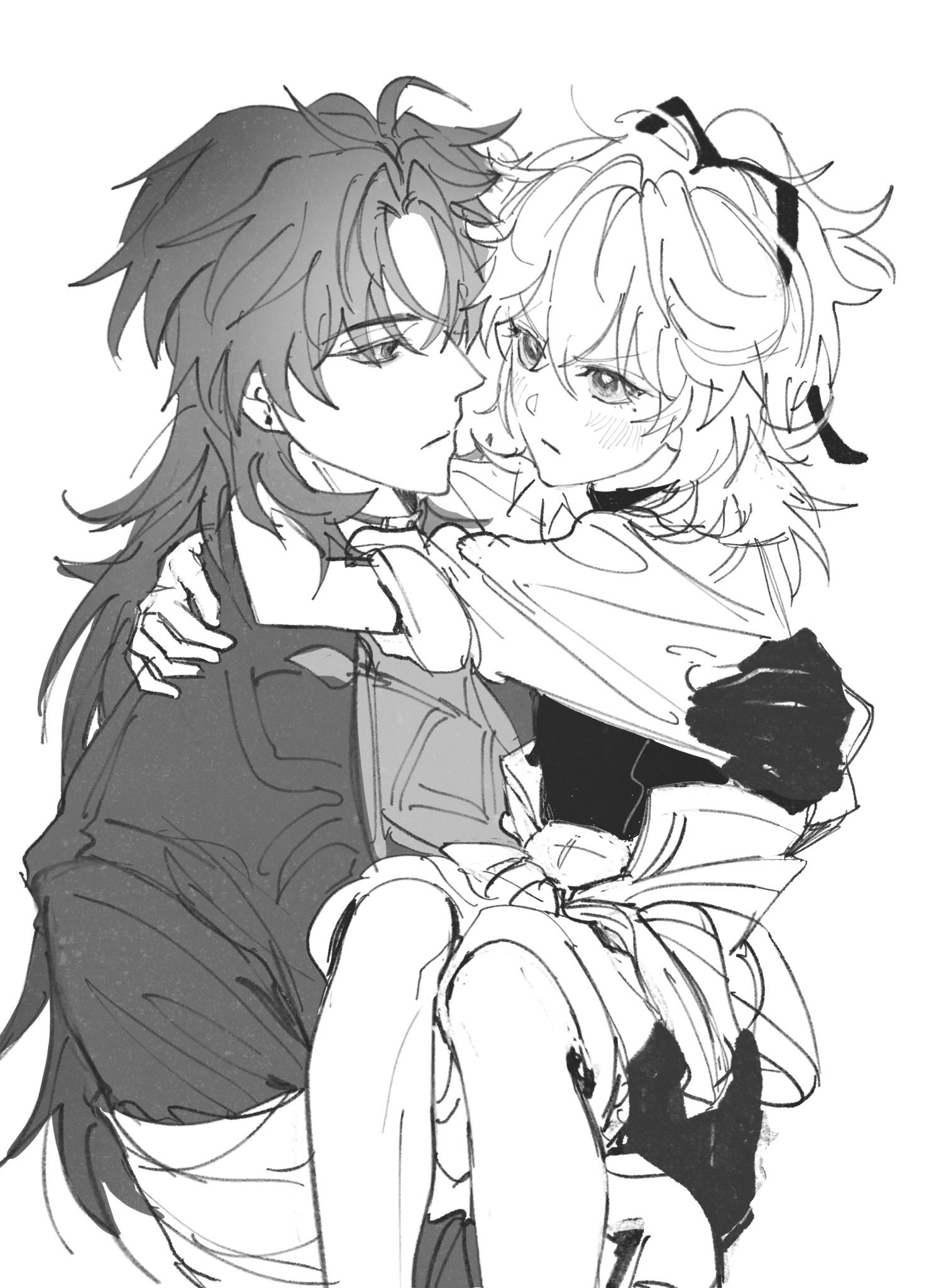 this black and white anime illustration shows a male character with long, dark hair, wearing a jacket, holding a female character with white hair and a white shirt and pants. he is holding her closely, looking at her with a gentle expression. the female character is looking up at the male character with a smile on her face. they appear to be very close and happy together. the image suggests a loving and affectionate relationship between the two characters.