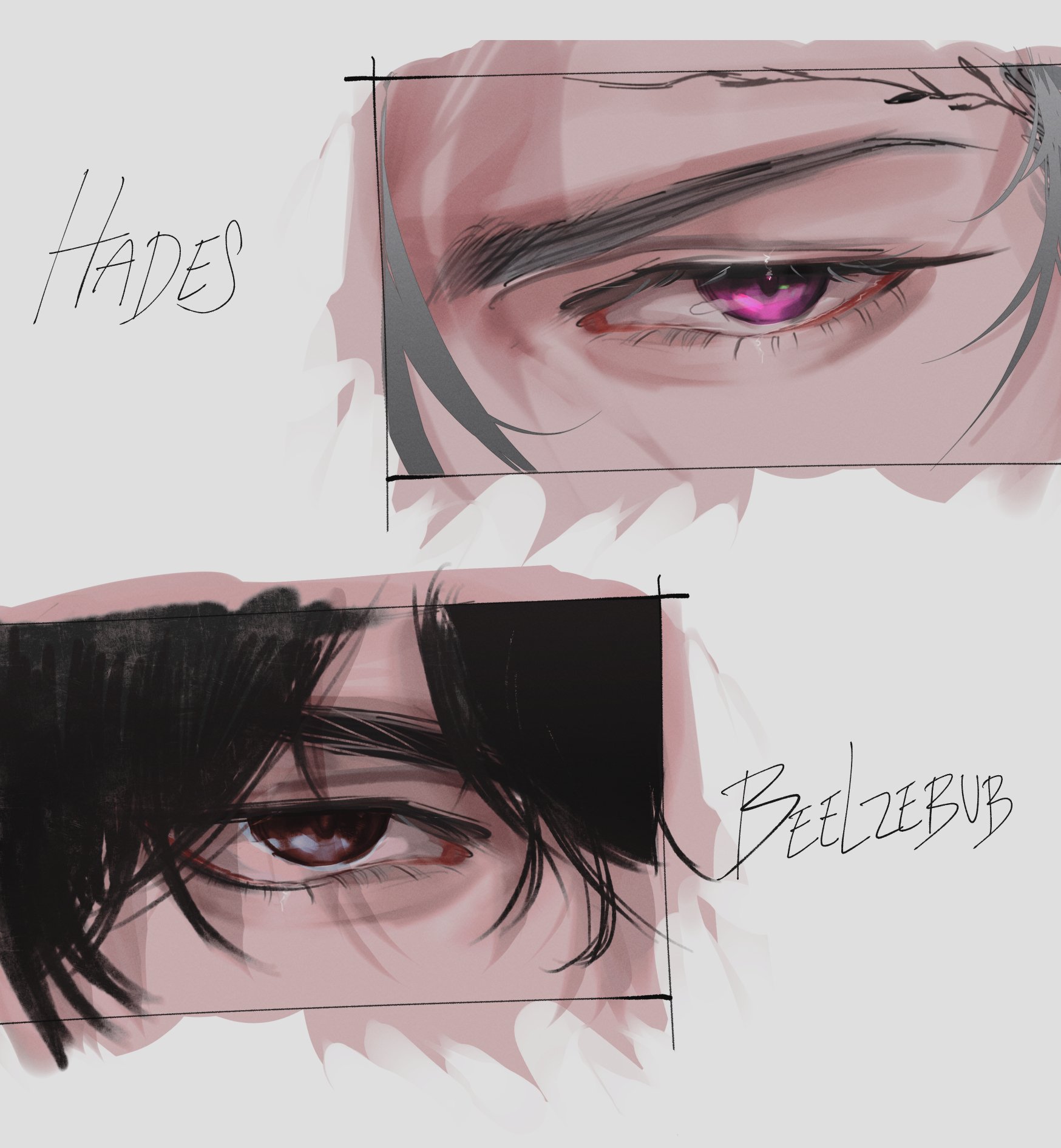 this is an image of two anime male characters. the top one is labeled hades and has black hair and a pink eye. the bottom one is labeled beelzebub and has black hair and a purple eye. both characters are drawn in a closeup style. the artwork is beautifully drawn, using fine lines and shading to capture the detail in the eyes. the overall tone is dark and mysterious.