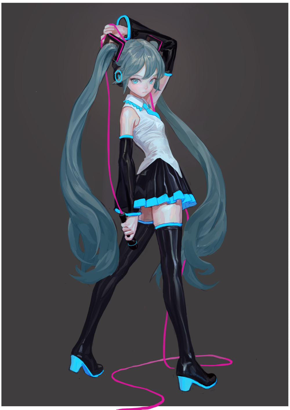 an illustration depicts hatsune miku, a vocaloid character, standing against a dark grey background. she has long, flowing, blue pigtails and is dressed in a black dress with a white top accented with blue trim. she holds a microphone in her right hand and wears headphones with blue accents. a pink wire snakes across the ground from the headphones. she wears glossy black thighhigh boots with blue heels.