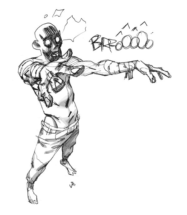 a black and white sketch of a man in a dynamic pose, seemingly reaching out or pushing something away. the man is drawn with expressive lines, suggesting motion and energy. there are also scribbled sounds coming from his hands, indicating a powerful action. this sketch captures the intensity and dynamism of a character in motion.