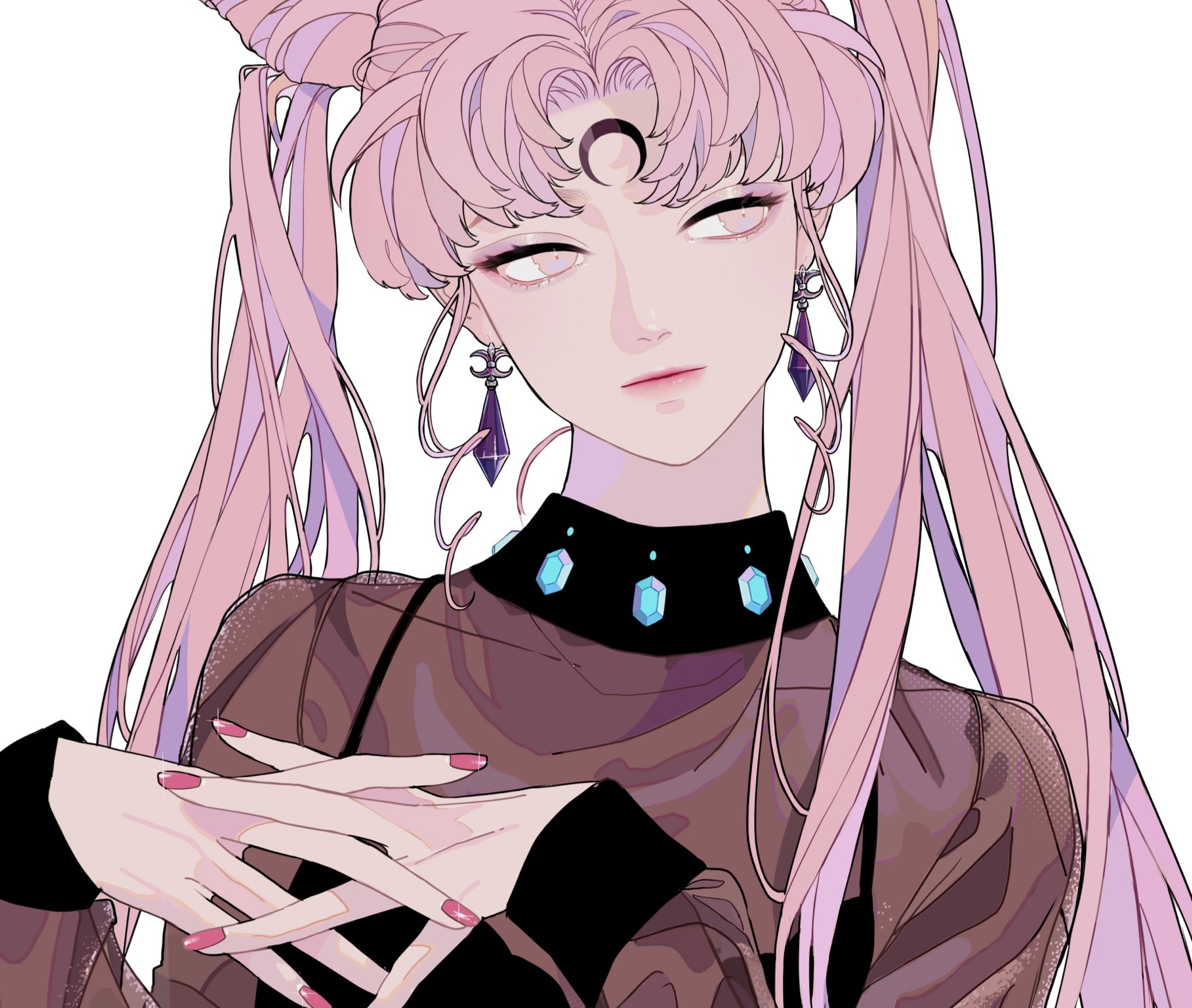 the image is a digital illustration of black lady from sailor moon. she has pink hair styled in an elaborate updo with long pigtails. she wears dangling earrings and a collar adorned with blue jewels. her clothing includes a sheer top and black sleeves. her hands are shown with pink nail polish. she has pale skin, light eyes, and a crescent moon on her forehead.