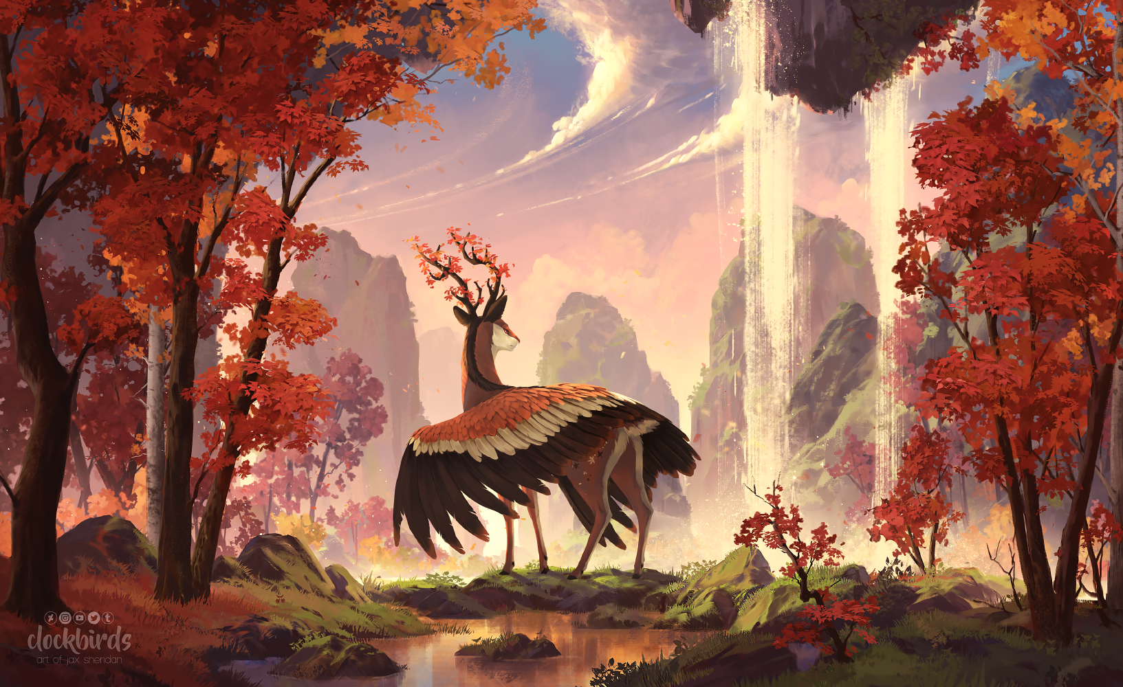 a majestic deer with large, feathered wings stands on a mossy stone at the edge of a pond. a waterfall cascades down a towering cliff face in the background, and the surrounding forest is ablaze with the warm colors of autumn. the sun is low in the sky, casting a warm glow over the scene.