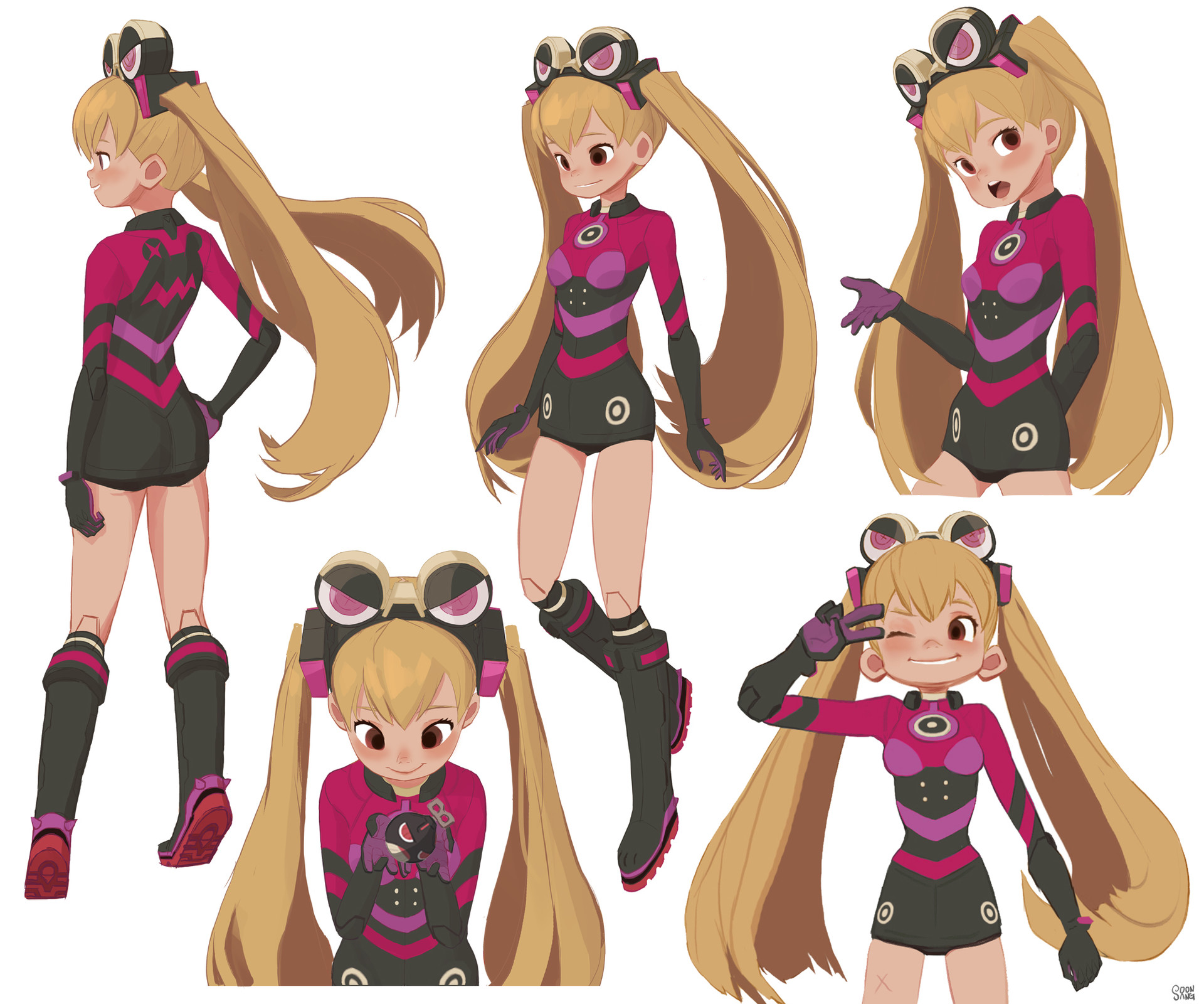 the image showcases a digital character concept of a young woman with blonde hair styled in pigtails. she's sporting a futuristic jumpsuit predominantly pink and black, complemented by goggles and gloves. the image comprises multiple poses, offering front, back, side, and 3/4 views, all set against a clean white background.