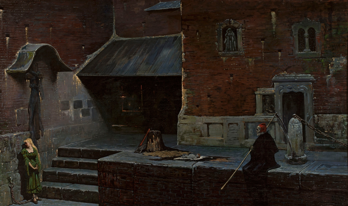 a dark and somber painting depicts a medieval courtyard scene. a young woman, chained to the wall, stands forlornly to the left. in the center, atop a brick platform, sits a tree stump with an axe beside it, implying an execution. the grim reaper, clad in a black robe and red hat, sits to the right, holding a staff. stone sculptures adorn the brick building in the background, adding to the ominous atmosphere. the scene is lit dimly, emphasizing the overall darkness and despair.