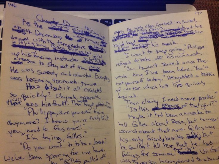 a handwritten journal entry on two pages of a book. the writing on the right page appears to be from a female character and the writing on the left page appears to be from a male character. the left page is labeled "chapter 13" at the top. the writing is in blue ink on lined pages. the right page is labeled "147" at the top. the writing is in blue ink on lined pages. the writing is in a personal and casual style.