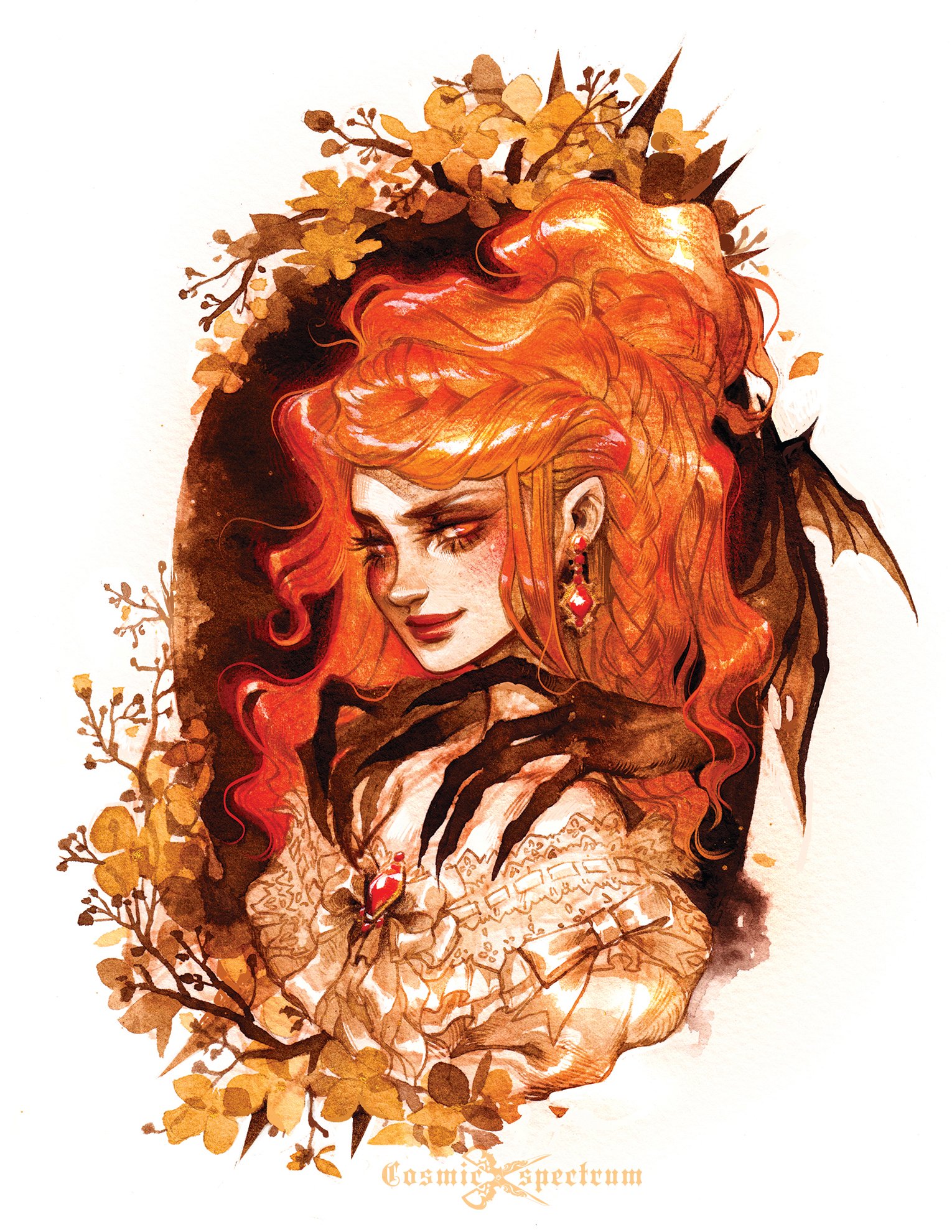the image is a watercolor painting depicting a woman with vibrant, fiery orange hair styled in an elegant updo.  she wears a lightcolored, lacy dress and is adorned with a dark, almost shadowy figure that seems to be embracing her with clawed hands.  the overall tone is dark and romantic, with autumnalcolored flowers and branches forming a frame around her. the style is reminiscent of gothic or dark fantasy art, with a detailed and ethereal quality. the artist's signature, "cosmic spectrum," is visible at the bottom. the woman's expression is alluring and slightly enigmatic. the color palette is primarily warm oranges, browns, and yellows, which enhances the autumnal mood.