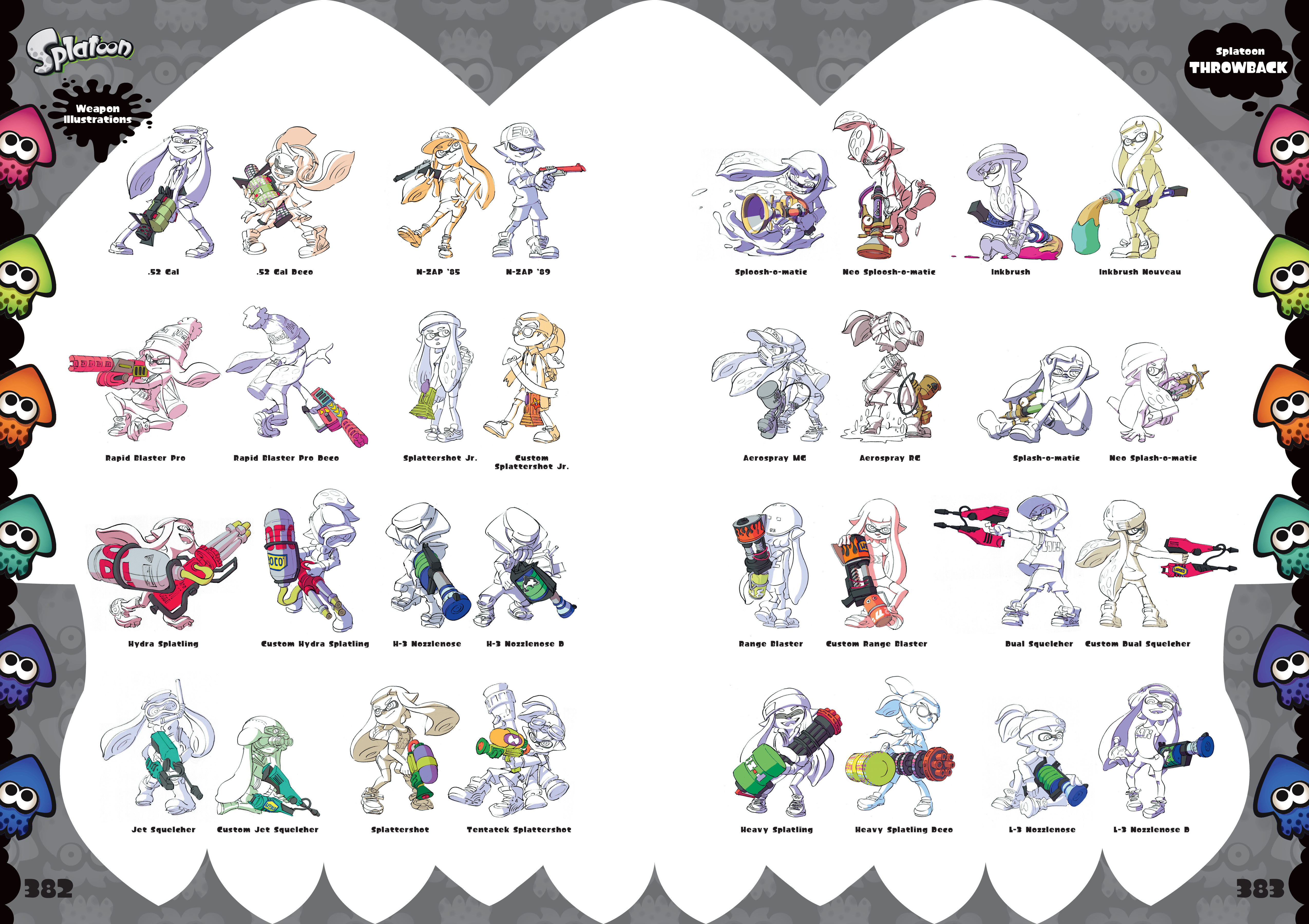 this image showcases a collection of concept art sketches for the video game splatoon. the art features various inklings, the game's playable characters, posing dynamically with different inkbased weapons. each sketch is labeled with the weapon's name and often includes variations or alternate designs. the art style is loose and expressive, highlighting the game's vibrant energy and playful nature.