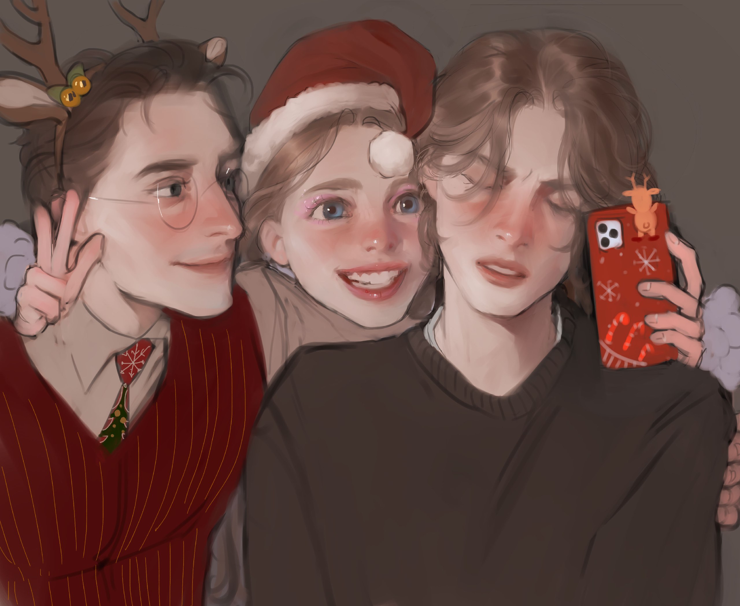 three friends pose for a selfie during the christmas season. one man wears festive reindeer antlers and a red vest, another wears a santa hat, and the other wears a brown sweater.  the warm lighting and soft smiles create a cozy and cheerful atmosphere.