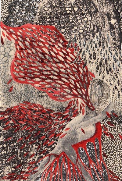 this image is a mixed media piece of art with a strong abstract, dreamy aesthetic. the figure of a woman is depicted in a black and white silhouette, partially obscured by a swirling, red, organic, textured form that resembles a flower, or a tree branch with leaves.  the background is made up of textural elements, including black and white dots, and a variety of textures, including leaves, and possibly a book page. the overall impression is of something surreal, dreamlike, and evocative of powerful emotional states. the piece uses bold colors and textures to create a captivating and unique visual experience.