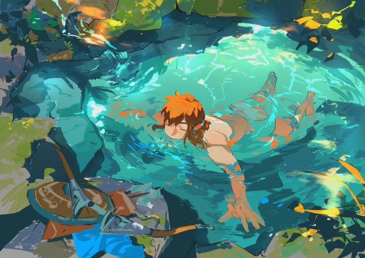 a digital painting depicting link from the legend of zelda: breath of the wild swimming in a clear, tealcolored pool of water. the water is depicted with vibrant colors and dynamic brushstrokes, giving it a sense of movement and energy. link is shown floating on his back, relaxed, with his orange hair visible above the waterline. his equipment, including a shield and what looks like part of his bow, lies on the rocks beside the pool.  the setting is lush and green, with rocks and foliage surrounding the water. the overall style is a blend of anime and painterly techniques, creating a whimsical and inviting scene.