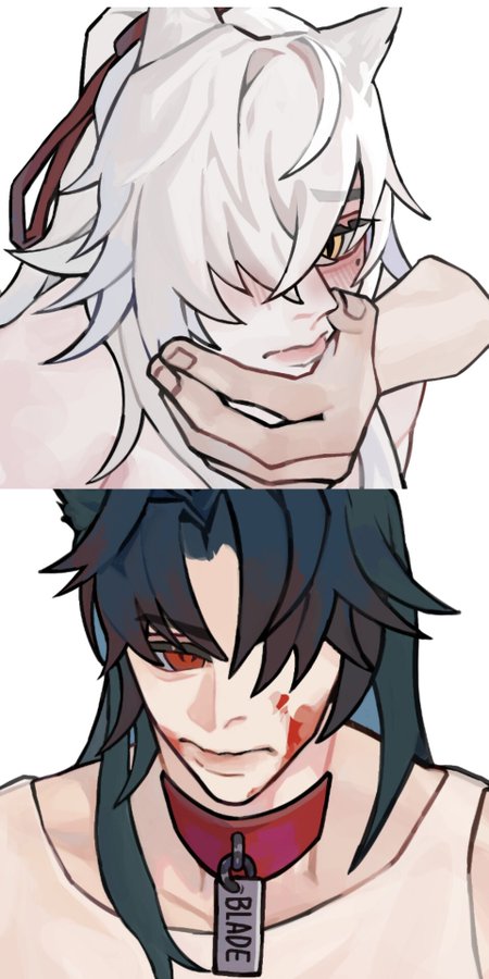 the image depicts a couple in an anime style, with the male character on the bottom and the female character on the top. the female character has white hair with red ribbons, and she is shown blushing with her hand covering her mouth. the male character has black hair and red eyes, and he has a red collar with the word "blade" on it. he is also shown with blood on his face. the image is drawn in a cartoon style with soft colors and outlines. the characters are portrayed in a romantic and somewhat tense way.