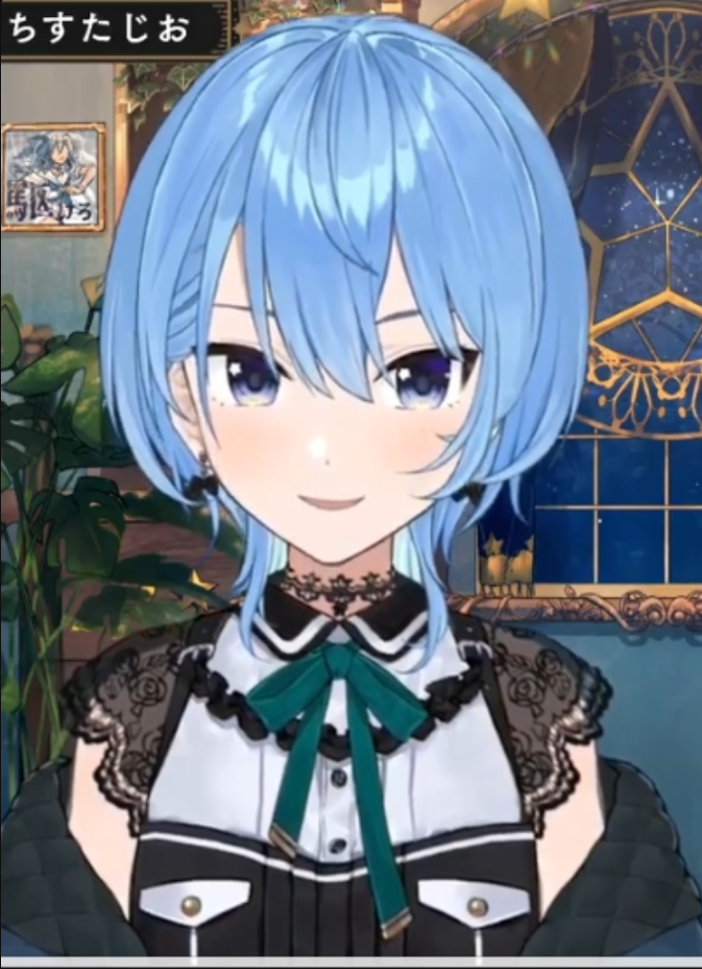 the image shows a closeup portrait of a young woman with blue hair and purple eyes. she is smiling and has a friendly expression. she is wearing a white blouse with a black collar and a black vest with gold buttons. she also has a black choker with a green ribbon. the background is a blurred image of a room with a bookshelf and a window. the overall impression is that of a cheerful and approachable person.