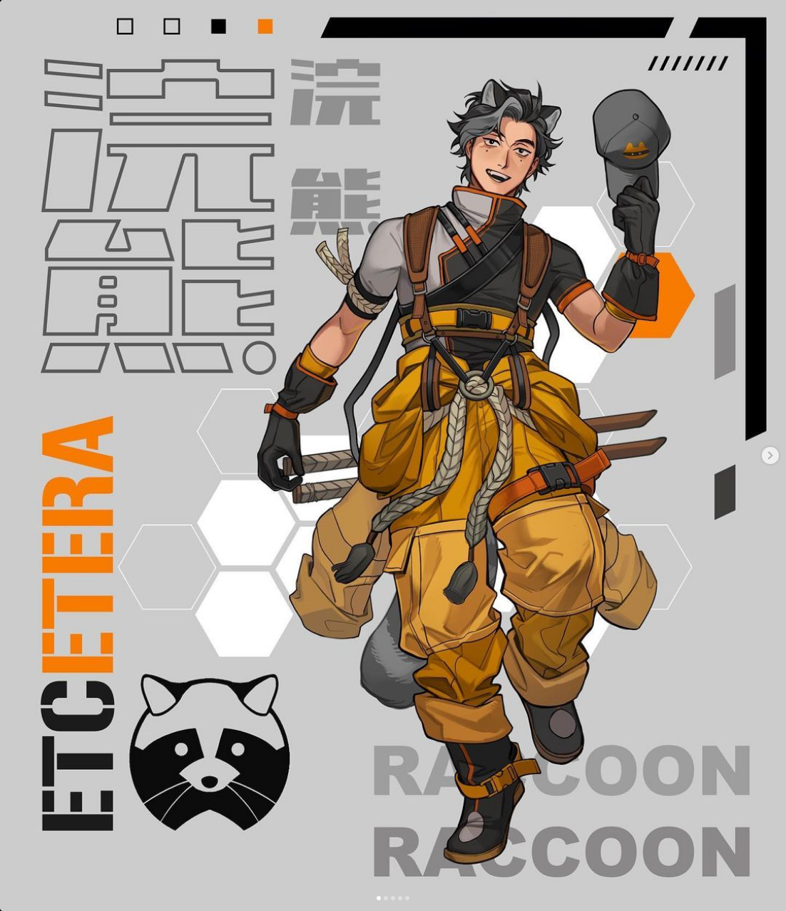 a dynamic character design showcasing a young man with raccoon features, set against a graphic background. he is dressed in an orange and yellow jumpsuit with various straps and pouches, suggesting an adventurous or working role within the game. he holds a cap in one hand and strikes a playful pose, hinting at a mischievous personality. the design incorporates hexagon patterns and japanese typography, adding stylistic flair.