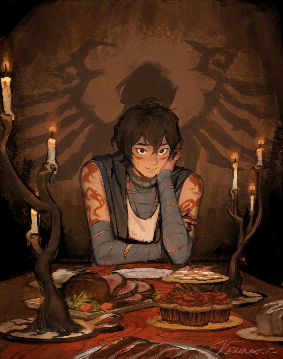 an illustration or painting of a young man sitting at a table laden with food and desserts. the man has brown hair and is leaning on his hand with a wistful expression. he has dragon tattoos on his arms and bandages around his forearms. in the background, there are candles and a shadow that resembles a dragon or other winged creature. the overall mood is warm and somewhat mystical.