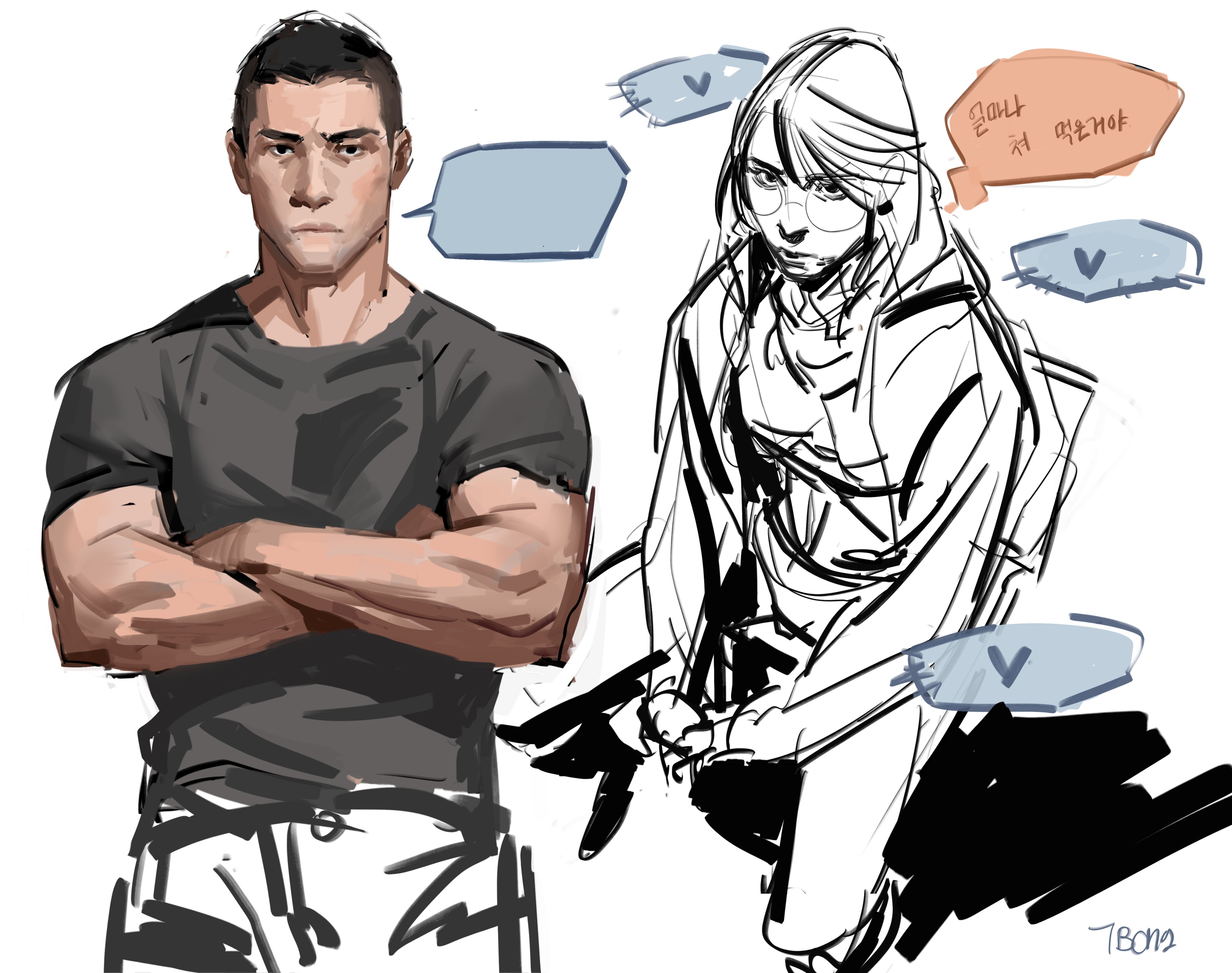 the image is a digital drawing, likely a concept sketch, featuring two distinct characters. on the left is a muscular man with short dark hair, wearing a dark gray tshirt and lightcolored pants. his arms are crossed, and he has a serious expression.  on the right, a female character is depicted in a more sketchy, loose style.  she's wearing glasses and a jacketlike garment.  both characters have speech bubbles containing text (some in korean) suggesting dialogue or inner thoughts. the style is dynamic, combining detailed rendering of the male character with more expressive, gestural lines for the female character. the overall tone is suggestive of a narrative or scene from a story.