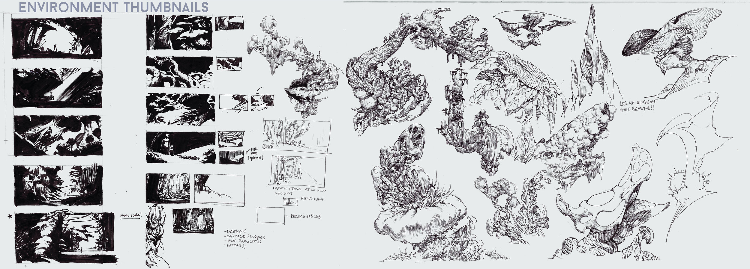 this image shows a page of concept art.  it looks like it's a page out of a sketchbook or art book.  the left side of the image features a column of smaller rectangular thumbnail sketches.  the right side of the image has a collection of thumbnails with no distinct arrangement.  it looks like these sketches are for environment or level design based on the shapes present.  all of the artwork is done in black and white and appears to be drawn with pen or pencil.  the words "environment thumbnails" appear as a heading above the thumbnails on the left.