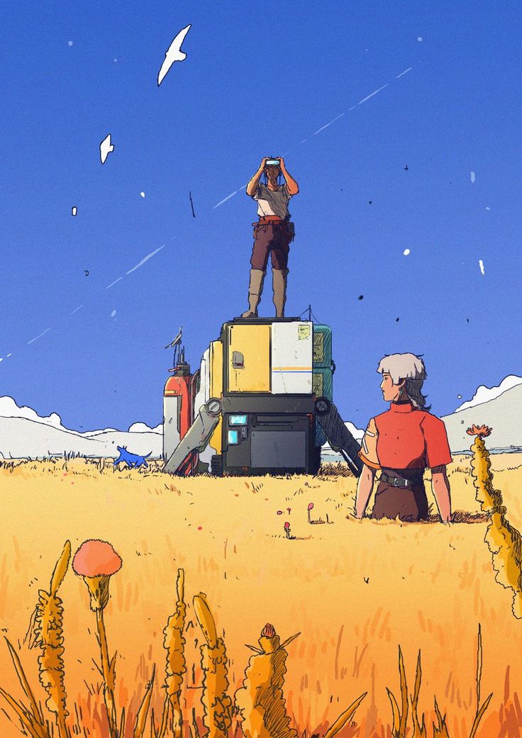 he image depicts two astronauts on an alien planet. one stands atop their futuristic, boxy spaceship, using binoculars to survey the landscape. the other stands in a field of tall, golden grass, gazing towards the horizon. the landscape features rolling hills and distant mountains beneath a bright blue sky. the overall atmosphere is one of exploration and discovery. the color palette is bright and vibrant, with warm yellows and oranges dominating the foreground and cooler blues in the sky.