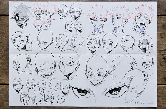 the image is a scanned in sketch page filled with anime style character faces in a variety of expressions. the faces range from happy to sad, angry to surprised. they are drawn in a manga style with large eyes and exaggerated features. the page appears to be part of a character design or expression study.