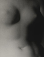 the image is a blurry, outoffocus grayscale photograph of a woman's torso.  the focus is soft, making specific details indistinct.  the woman's breasts and abdomen are visible, but the image is largely abstract and suggestive rather than explicit. a shadow falls across part of the body, adding to the overall hazy and mysterious atmosphere. the overall tone is dark and sensual.