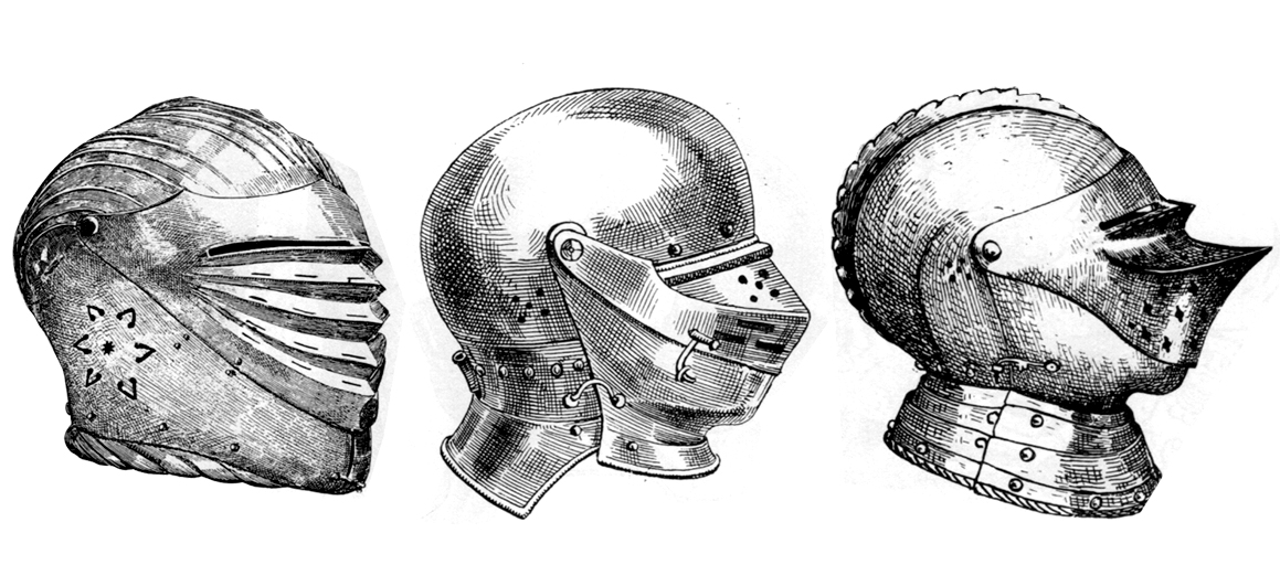 a sketch of three medieval helmets in side profile. the far left helmet has a rounded top and a hinged piece covering the jaw. the middle helmet appears to have a more snug fit around the head, with a smaller visor covering the eyes and nose. the far right helmet has an elongated back and a visor that flares out like a beak.