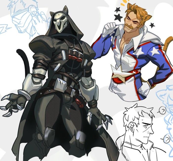 he image is a digital drawing featuring several characters, seemingly fan art inspired by the video game overwatch.  the most prominent figures are a reaper character with cat ears added, styled in a more stylized anime/manga aesthetic, and a mccree character in a patriotic, starspangled outfit, also with cat ears.  there are additional sketches, including a partial sketch of what appears to be another character or perhaps an alternative design for one of the featured characters. the style is dynamic and combines elements of both detailed rendering and loose sketching. the color palette is primarily dark and muted for reaper, while mccree is bright and colorful. the overall vibe suggests playful experimentation with character design and crossover elements.