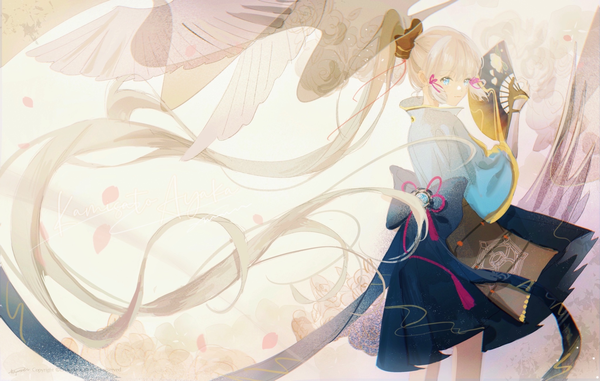 the illustration features an anime girl with long blonde hair, blue eyes, and a kimono, holding a fan in her hand. she is surrounded by white wings and flowers, creating a magical and ethereal atmosphere. the background is a soft pink and white, with hints of blue and green, making it look like a fantasy world.