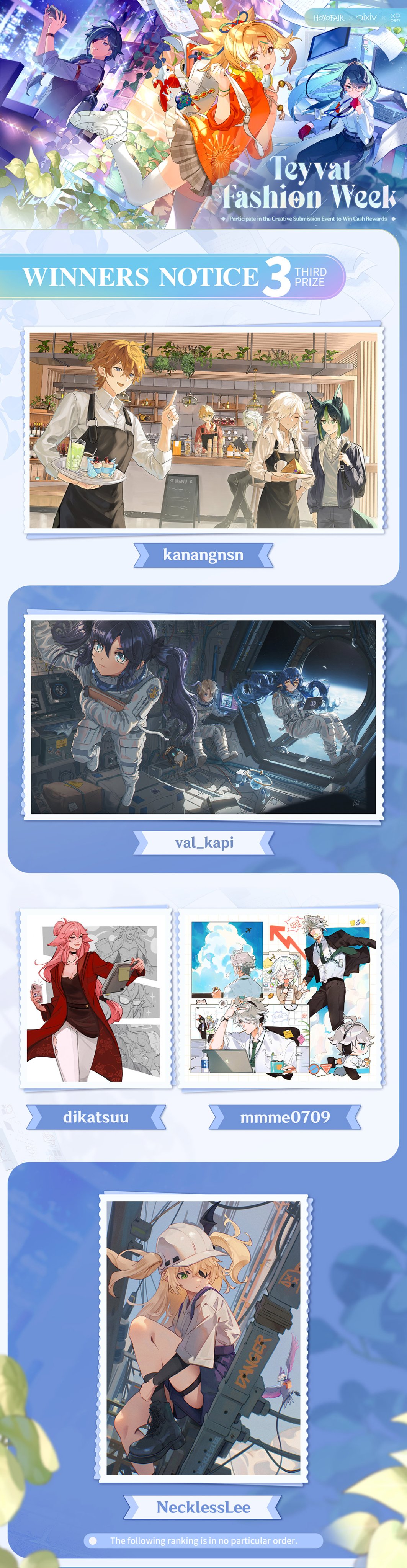 this is a winners notice announcement for a genshin impact fashion week contest. the announcement is displayed on a blue background with white and black lettering, and each winner has a small picture of their design in a rectangular frame.  the winners are: kanangmin, val_kapi, dikatxuu, mmme0709, and nochjenslaw.  the contest is labeled as "teyvat fashion week".