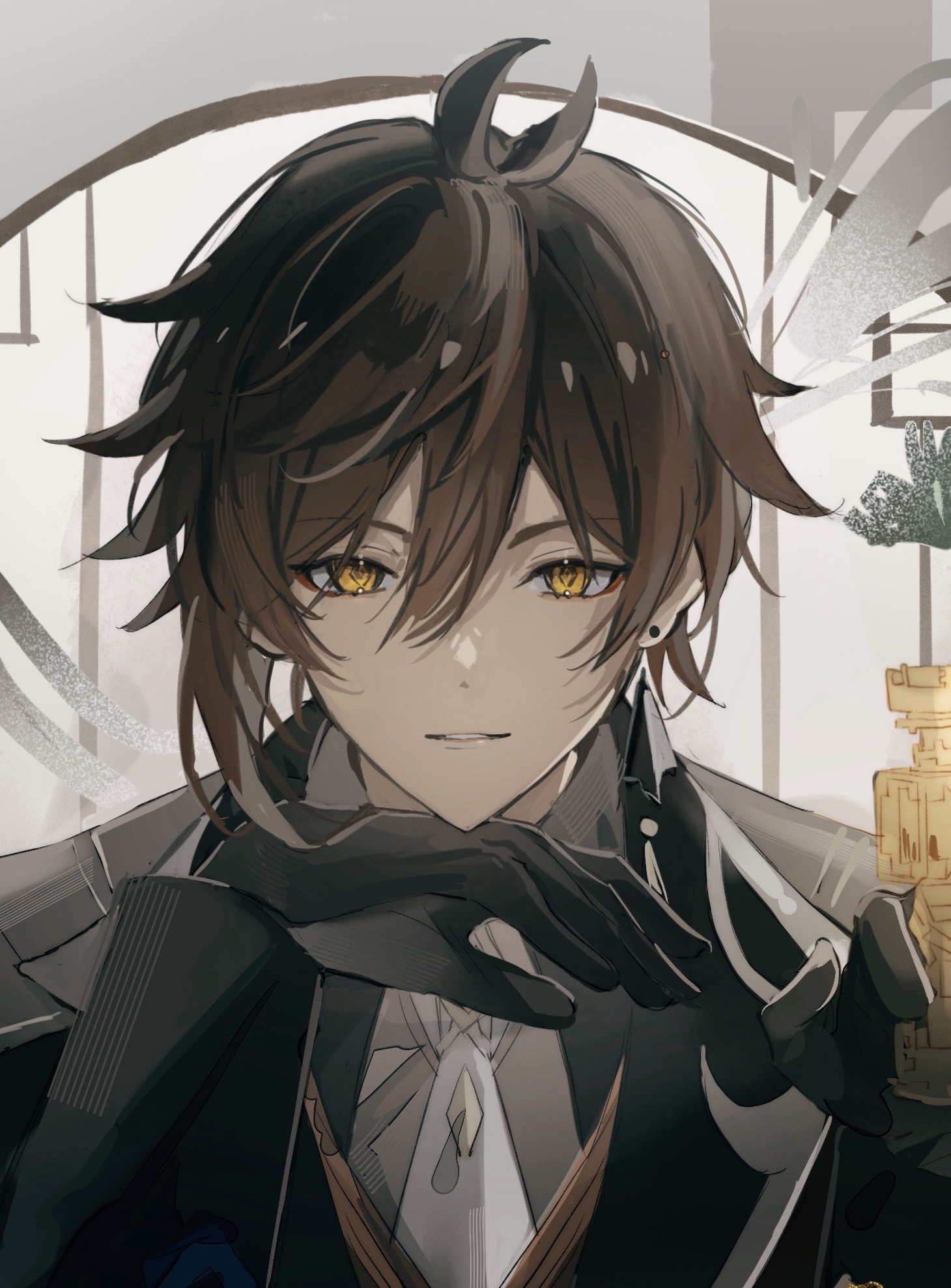 this is a digital illustration of a young anime boy with black hair and golden eyes. he's wearing a black suit, black gloves, and white shirt. he's smiling with a charming expression.  he is looking at the camera directly. the background is a blurry, detailed wall, and it's hard to distinguish what it is.  he is wearing a white collar, a white shirt, black gloves, and a black suit, giving him an elegant look. he's got black hair, and his eyes are a bright yellow. the image is drawn in a detailed and realistic style.