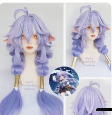 the image showcases a cosplay wig styled after ganyu, a character from the popular video game genshin impact. the wig, a light lavender color, is styled in two long braids with golden accents, framing a pale, dolllike face with large, purple eyes. the wig is displayed on a mannequin head against a white background, with additional images of the character ganyu interspersed throughout. the lighting is bright and artificial, highlighting the wig's details and color.