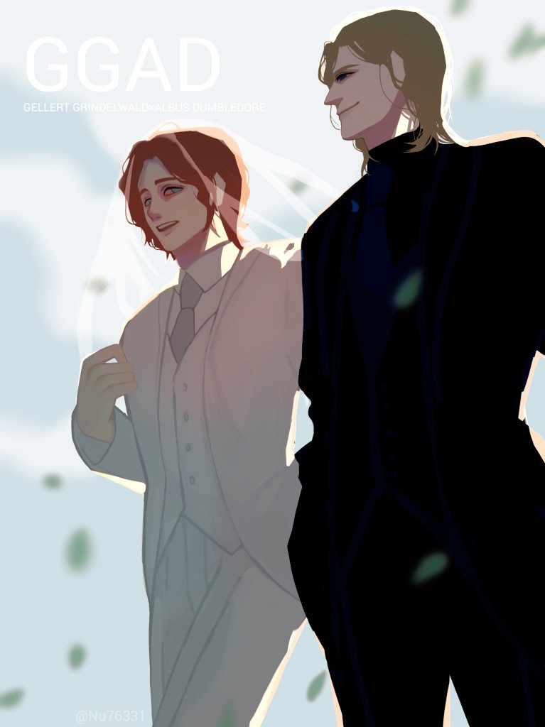 this illustration features two men in a wedding setting. the groom is dressed in a classic black suit and the bride is dressed in a white suit with a veil. the groom is on the left side of the image and the bride is on the right. the groom is smiling and the bride is looking to the side. they are both standing close to each other and look happy and in love. the art is in anime style with a light and airy feel. the background is a soft blue with a few leaves scattered around the couple.  a white veil overlays the image. the caption reads "ggad" with "gellert grindelwald and albus dumbledore" underneath.