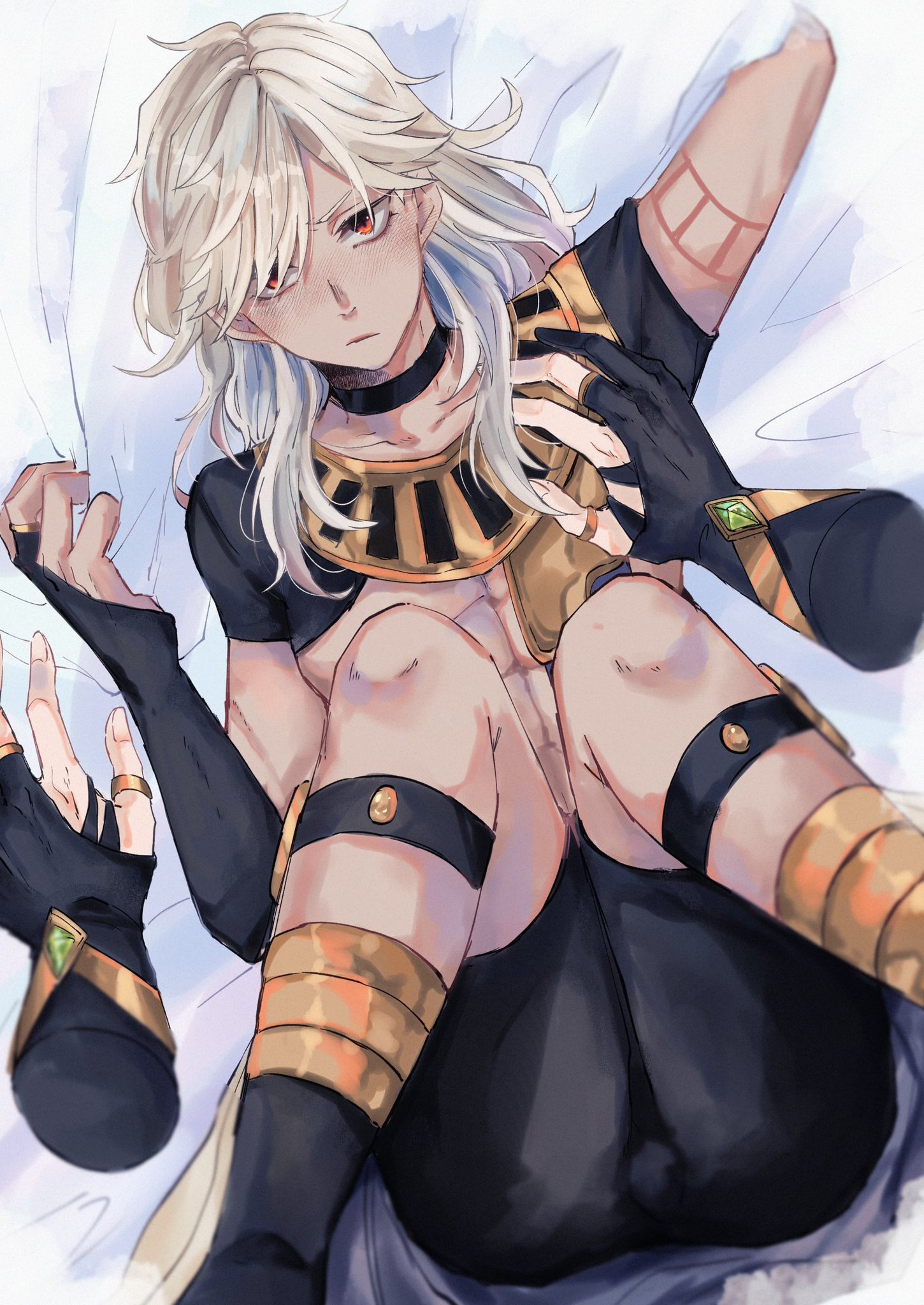 an animestyle illustration of a male character with white hair and red eyes wearing black gloves and gold jewelry. he is dressed in a black shorts and an egyptianstyle collar, possibly a pharaoh. the character appears to be sitting or laying down on a white background. the illustration is done in a digital style, with soft colors and shading.