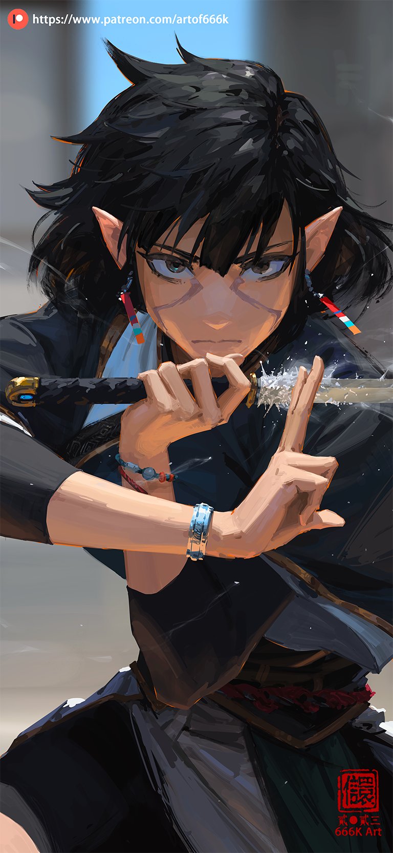 the image is a digital painting of an animestyle female elf character. she has short, dark hair, pointed ears, and intense eyes. she is wearing dark clothing and accessories, including earrings and bracelets. she is holding a katana, and her pose suggests action or fighting. the artwork is detailed and vibrant.  the artist's watermark is visible in the lower right corner.  a patreon url is visible in the upper left corner.