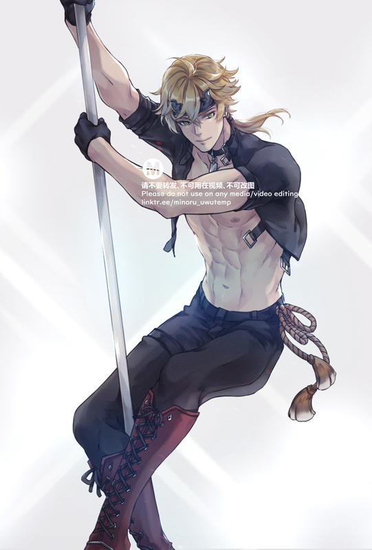 this is a digital illustration of an anime boy with blond hair. he is wearing black clothing with red boots. he is pole dancing.