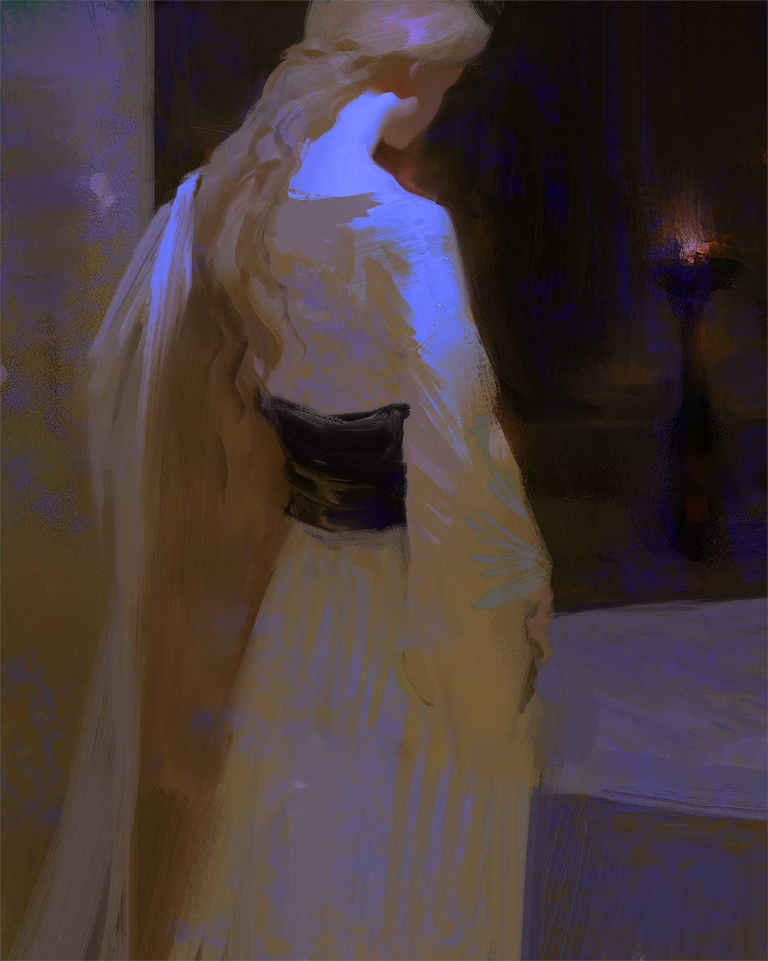 a painting of a woman with long blonde hair wearing a white dress, standing in a dimly lit room. the woman is looking down and her hair is flowing down her back. the painting is in a dark room with a lamp in the background. the room is filled with shadows and there is a mysterious and ethereal feel to the painting.