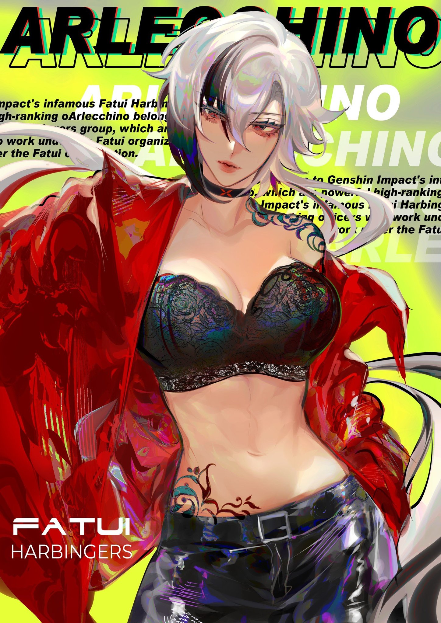 the image is a digital fanart of arlecchino, a character from the video game genshin impact. she is depicted as a young woman with white hair styled in a slightly messy bob, wearing a red jacket over a black lace bra and black pants. she has a tattoo on her lower abdomen and a confident, almost mischievous expression. the art style is animeinspired, with vibrant colors and dynamic linework. the background features stylized text related to her character and affiliation with the fatui harbingers. the overall atmosphere is edgy and stylish, reflecting arlecchino's personality.