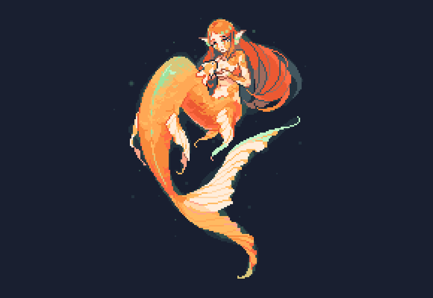 a pixel art illustration of a mermaid with flowing red hair, holding a glowing orb, set against a dark blue background. the mermaid's tail is a vibrant orange and green, suggesting movement and life.