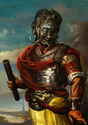 the image portrays a powerful warrior, depicted in a style reminiscent of classical oil paintings.  he stands in the foreground, clad in ornate armor that blends metallic elements with a more organic, almost skeletal aesthetic. a deep red sash drapes across his torso, and he clutches a large, clublike weapon in his right hand. his face is obscured by a helmet that resembles a fearsome, bestial visage. the background hints at a vast landscape with rolling hills or mountains under a cloudy sky. the overall color palette is warm and muted, enhancing the sense of history and drama.