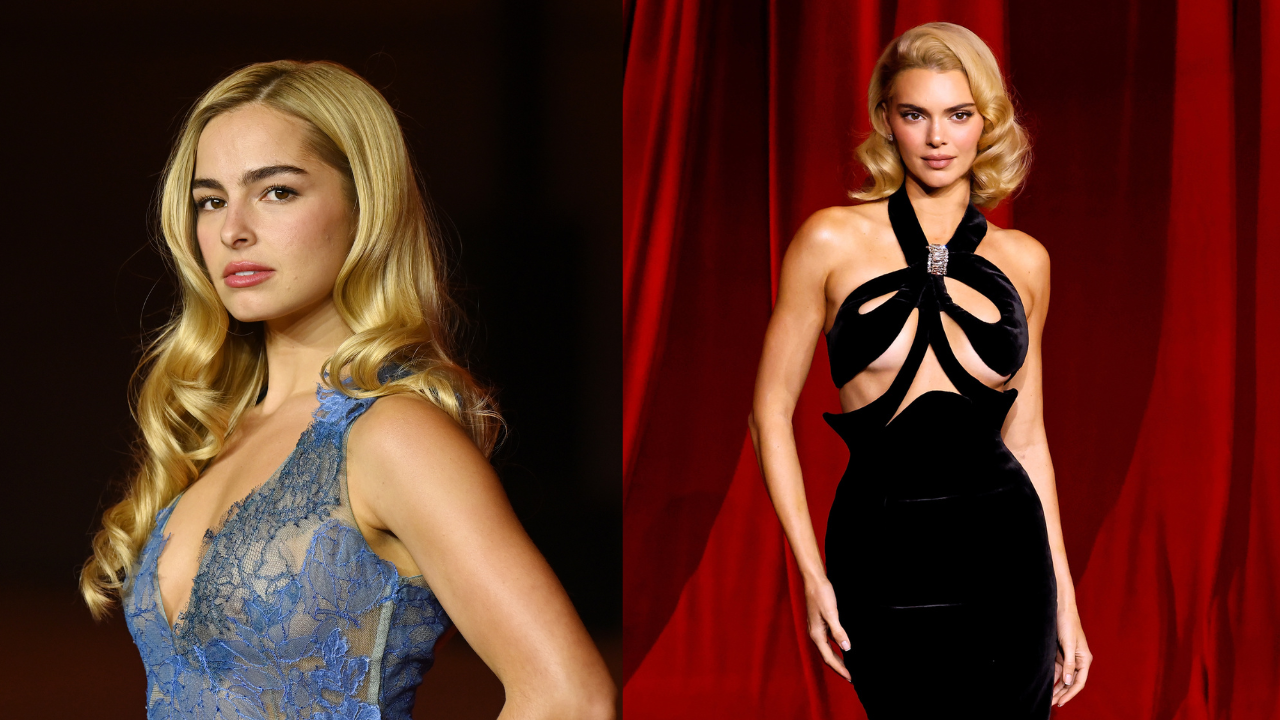 the image is a split image featuring two women in elegant dresses. on the left, a blonde woman with long, wavy hair is wearing a blue lace dress with a plunging neckline.  she appears to be in a less formal setting, possibly a studio portrait. on the right, kendall jenner is shown in a dramatic, formfitting black velvet dress with strategically placed cutouts, and a bow detail near the neckline. the background is a rich red curtain, suggesting a formal event like a red carpet. the juxtaposition of the two images highlights a contrast in style, setting, and the formality of the occasion.