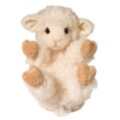 a small, white, fluffy stuffed animal lamb with big brown eyes and small pink ears. it is sitting on a white background and has its paws curled up beneath it. the lamb looks very soft and cuddly.