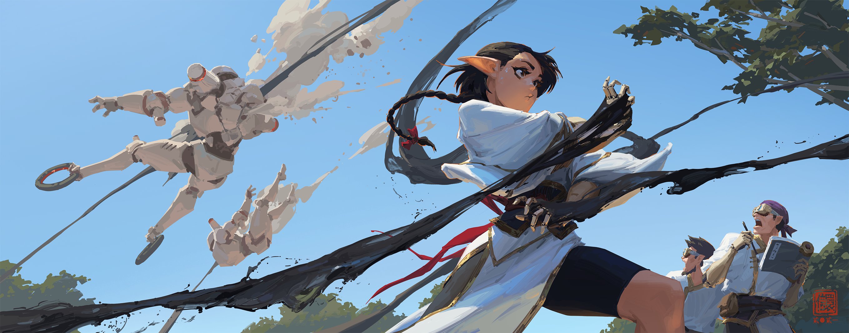 the digital painting depicts a dynamic action scene. a female elflike character with pointed ears and long dark hair styled in a braid is the central figure. she's clad in a white, flowing outfit with dark accents, and her hands appear to be partially mechanical or enhanced, gripping inky black tendrils that extend across the image.  she's engaged in some form of aerial combat.  in the background, a large mechastyle robot is midair, executing a powerful kick, and another smaller, possibly damaged, robotlike figure is falling.  two other male characters are below, one with goggles and a sketchbook appearing surprised and the other possibly injured. the scene is set against a bright blue sky with trees in the background. the style is reminiscent of anime and manga, with a focus on dynamic poses, expressive characters, and fluid use of paint and ink elements that add a sense of movement and energy to the scene. the overall impression is one of highoctane action and fantasy.