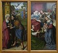 the image shows a diptych painting, presumably of religious art. the left panel depicts a scene possibly related to the annunciation, with a woman in a red robe speaking to a man in blue near a building. the right panel shows a nativity scene with a woman holding a baby, surrounded by other women. the paintings are framed with wooden borders. the style of the art suggests it's from the early renaissance period.