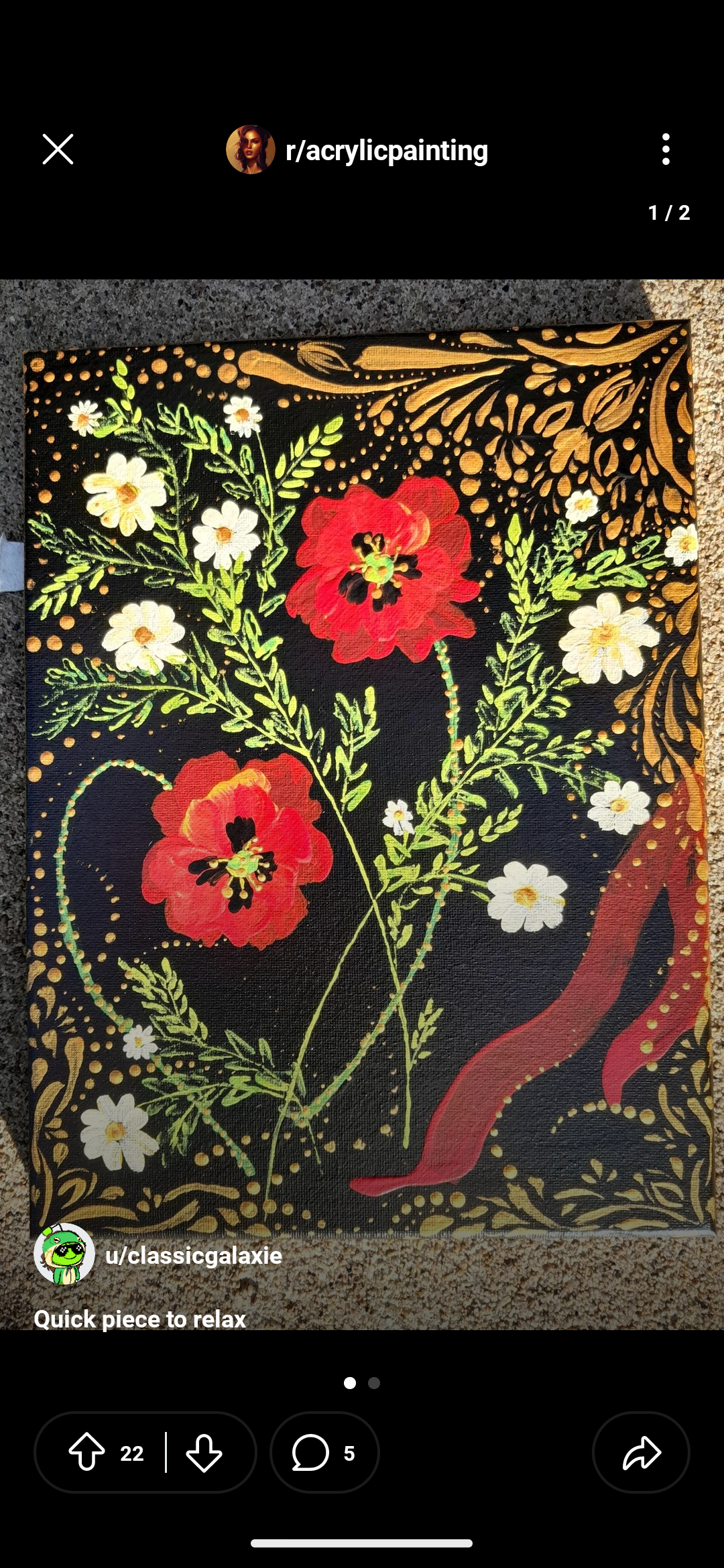 a close up of an acrylic painting of poppies and white flowers on a black background with gold accents. the painting has a vintage aesthetic and is very beautiful.