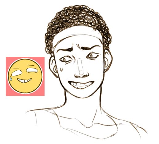 the image is a line art sketch of a young man with an amused and slightly mischievous expression.  he has curly hair held back by a headband. a single tear falls from his left eye. next to his face is a yellow emoji with a similar expression, featuring a single tear and a mischievous grin.