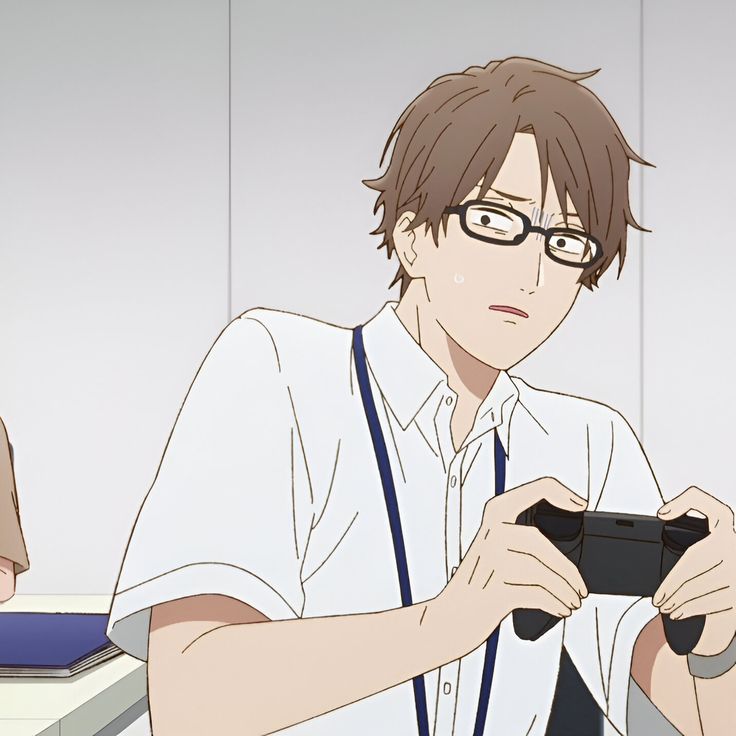 a cartoon drawing of a young man with brown hair and glasses. he has a surprised look on his face and is holding a dark colored game controller. he appears to be sitting down and is wearing a white, shortsleeved buttondown shirt with a blue lanyard around his neck. the walls of the room are an offwhite color.