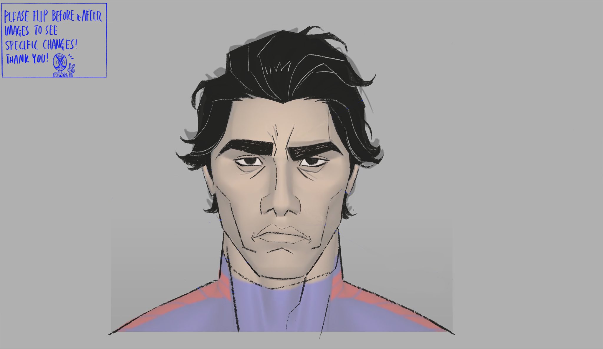 a digital sketch of a man with black hair, dark eyes, a thin nose, and a serious expression. he's wearing a purple and red shirt. the man is drawn with a semirealistic style with outlines. the background is white with gray lines, and in the upper left corner of the picture, there's a blue box that says: "please flip before & after images to see specific changes! thank you!."