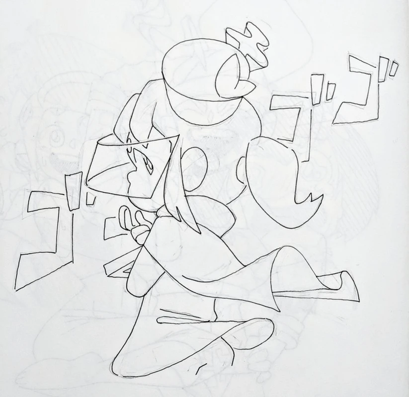 this is a black and white cartoon drawing of a character with a hat and a visor, they are posed in a dynamic action stance with their arms bent in front of them and their legs crossed. their face has a large eye and a big mouth. in the background, there is a second character who is also partially visible. the second character appears to be a round figure wearing a hat with a big pointy nose. the drawing has a lot of energy and movement, with sound effects and other abstract shapes all around the main figures. the image appears to be part of a larger comic or story, and it is drawn in a playful and whimsical style.