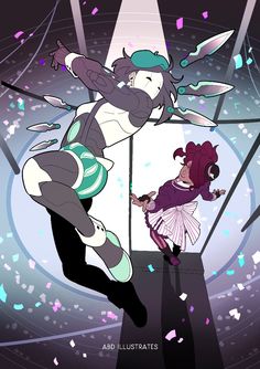 two women are locked in a dynamic fight or performance on a stage bathed in spotlights. one, dressed in a futuristic black and teal outfit, leaps through the air, wielding throwing knives. the other, in a frilly pink and purple dress, dances beneath her, seemingly manipulating the knives with magic. confetti rains down around them, adding to the energetic atmosphere.