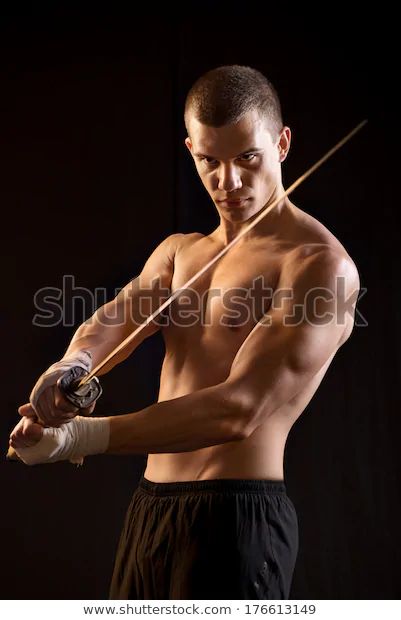 a shirtless man, with muscular physique, stares intently at the camera while holding a katana sword in his hands. his expression is intense and focused, conveying a sense of determination and readiness for combat. the black background highlights his powerful physique and the sharpness of the sword, creating a striking visual contrast.
