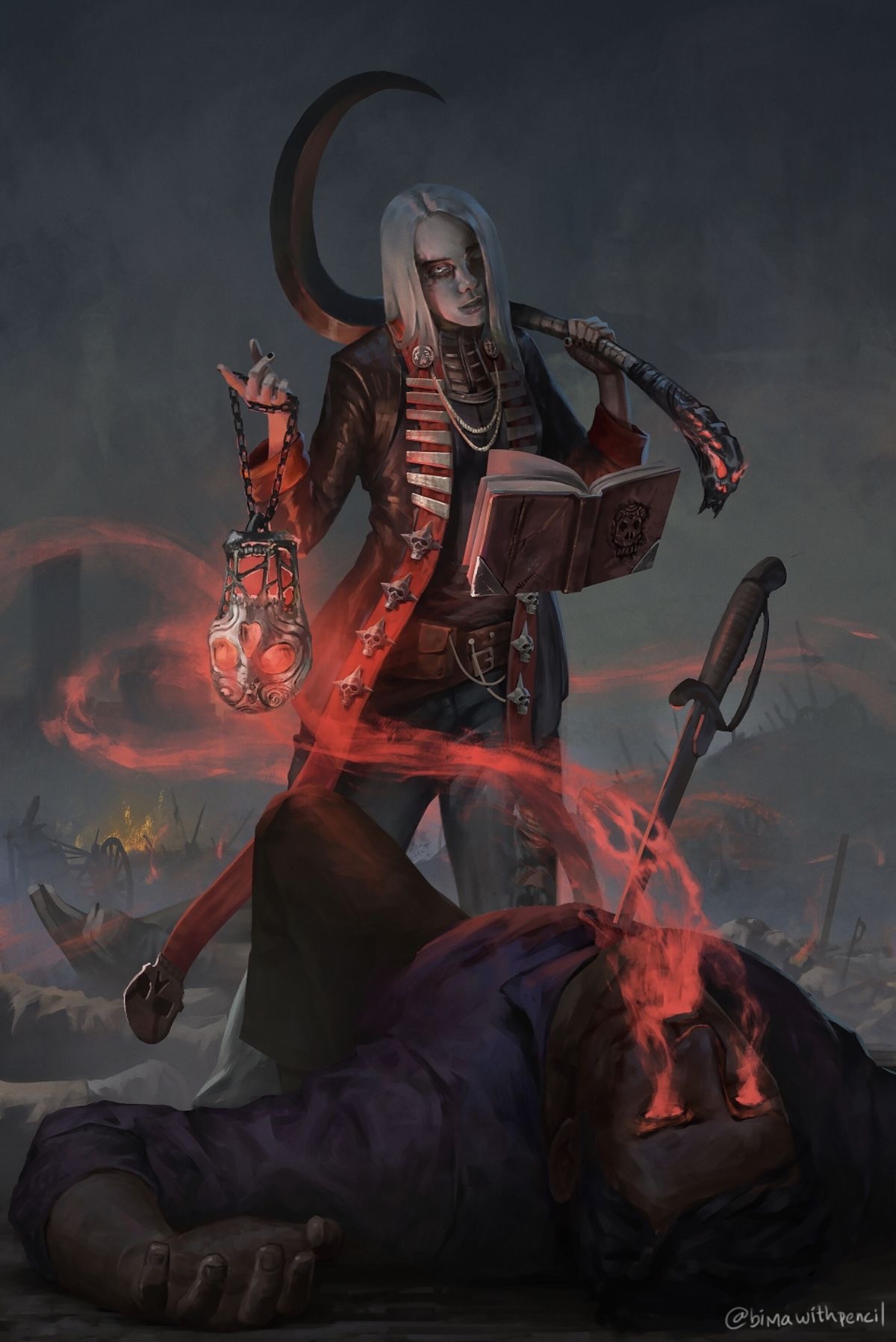 a dark, ethereal figure stands triumphantly over a fallen warrior on a desolate battlefield.  the victor, likely a grim reaper or necromancer, embodies an aura of death and power.  their pale skin and white hair contrast starkly against the deep blacks and reds of their attire, which includes a long coat, and numerous belts. they wield a wickedlooking scythe, a skulladorned lantern that radiates an eerie red glow, and a weighty tome clasped in their left hand. the scene is painted with a palette of dark grays, deep blues, and chilling reds, setting a chilling and macabre mood.  a shattered sword lies near the fallen, driven into the ground, hinting at the ferocity of the battle that just transpired. the backdrop of a tumultuous sea and imposing mountains underscores the vastness of this grim encounter.