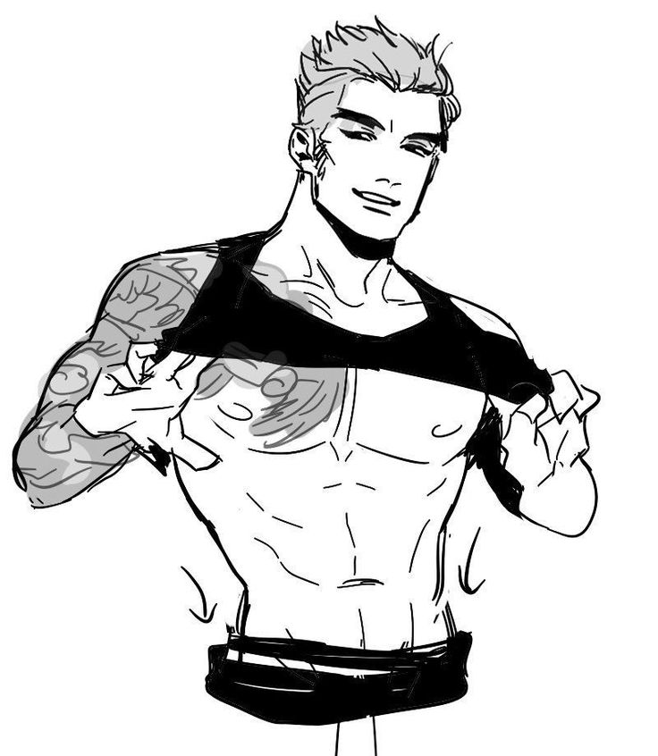 a handdrawn black and white image of a muscular anime man with tattoos. the man is shirtless and has his arms raised and his shirt pulled up. the pose is suggestive.